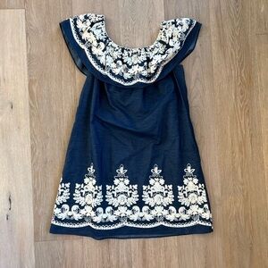 BEIGE BY ECI Denim Off-Shoulder Dress with White Embroidery Size Large